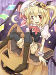  aiba_kou blonde_hair flandre_scarlet food_themed_hair_ornament hair_ornament halloween hat jack-o'-lantern one_side_up ponytail pumpkin pumpkin_hair_ornament red_eyes short_hair solo thighhighs touhou wings 