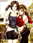  alternate_costume artist_request blue_eyes brown_hair choker green_eyes jill_valentine multiple_girls pants pencil_skirt rebecca_chambers resident_evil resident_evil_3 salute short_hair skirt smile tattoo 