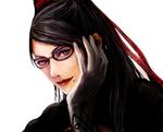  bad_id bad_pixiv_id bayonetta bayonetta_(character) black_hair eyeshadow glasses gloves hair_ribbon lipstick long_hair makeup mole mole_under_mouth portrait purple_eyes ribbon simple_background solo traditional_media tsuyomaru white_background 