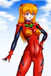  :d bad_id bad_pixiv_id bangs blue_eyes bodysuit bracer cloud cowboy_shot day gloves hair_between_eyes hair_ornament hand_on_hip happy legs_apart long_hair looking_at_viewer neon_genesis_evangelion number open_mouth orange_hair outdoors pilot_suit plugsuit shikinami_asuka_langley shiny shiny_clothes sky slender_waist smile solo souryuu_asuka_langley tete_(tt101s) turtleneck 