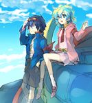  1boy 1girl blue_hair cloud day goggles goggles_on_head hood hoodie kuroemon multicolored_hair nia_teppelin pink_skirt sarashi short_hair simon sitting skirt sky smile tengen_toppa_gurren_lagann two-tone_hair younger 