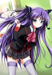  blue_eyes bow dutch_angle leaning_forward little_busters! long_hair mycstea pink_bow purple_hair sasasegawa_sasami solo thighhighs twintails 