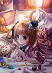 arm_support bad_id bad_pixiv_id bed blue_eyes brown_hair candy copyright_request crown cupcake food lilithbloody long_hair lying mini_crown on_stomach smile socks solo stuffed_animal stuffed_toy sunlight teddy_bear white_legwear 