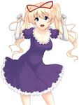  alternate_hairstyle blonde_hair dress elbow_gloves gloves hair_grab hair_ribbon hiroya_juuren long_hair no_hat no_headwear puffy_short_sleeves puffy_sleeves purple_dress purple_eyes ribbon short_sleeves simple_background solo touhou twintails white_background white_gloves yakumo_yukari younger 