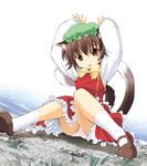  animal_ears bow bowtie brown_eyes brown_hair cat_ears cat_tail chen child grass hat mary_janes multiple_tails panties pantyshot pantyshot_(sitting) pink_panties ribbon seminoyu shoes sitting skirt solo tail touhou underwear upskirt water 