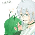  &gt;:) 1girl ahoge antennae blush choker comic couple ear_blush glasses green_hair heart hetero hug japanese_clothes junda lowres morichika_rinnosuke open_mouth short_hair silent_comic silver_hair smile touhou v-shaped_eyebrows wriggle_nightbug 