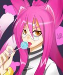  animal_ears arc_system_works blazblue bracelet candy cat_ears cat_eyes glasses jewelry kokonoe kokonoe_(blazblue) kotuzui_yositune lollipop long_hair marrow_(pixiv477513) pink_hair slit_pupils yellow_eyes 