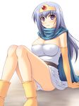  abu arm_support blue_hair boots breasts cape circlet cleavage dragon_quest dragon_quest_iii elbow_gloves gloves large_breasts legs long_hair panties pantyshot purple_eyes sage_(dq3) sitting solo underwear 