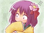  [] blush chibi covering_mouth flower flying_sweatdrops hair_flower hair_ornament hieda_no_akyuu purple_hair scared short_hair solo touhou trembling 