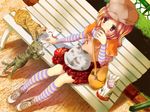  bad_id bad_pixiv_id bench cat cosmo_(bousoup) eating food french_fries hamburger hat kneehighs mcdonald's shoes skirt socks solo striped striped_legwear 