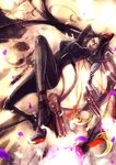  bayonetta bayonetta_(character) black_hair boots candy eyeshadow faux_traditional_media feathers food gin_(oyoyo) glasses gloves grey_eyes gun highres lollipop long_hair makeup mole mole_under_mouth solo spandex weapon 