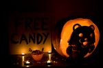  candle candy candy_corn food halloween highres jack-o'-lantern lollipop no_humans pedobear photo pumpkin sign wallpaper 