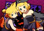  1girl bare_shoulders bat blonde_hair bow brother_and_sister detached_sleeves green_eyes hair_bow halloween kagamine_len kagamine_rin open_mouth pointy_ears siblings tail ten_(kisako) thighhighs twins vocaloid 
