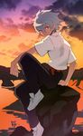  bf._(sogogiching) grey_hair hands male_focus nagisa_kaworu neon_genesis_evangelion red_eyes solo sunset 