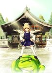  blonde_hair daizu_sanchi eyes frog hands_on_hips hat komainu moriya_suwako riding short_hair shrine solo statue sunlight thighhighs touhou white_legwear yellow_eyes 