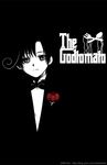  ahoge axis_powers_hetalia bow bowtie formal greyscale male_focus monochrome neiyukina parody poster solo southern_italy_(hetalia) spot_color suit the_godfather tomato watermark 