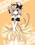  alternate_costume animal_ears bad_id bad_pixiv_id bare_shoulders blush bow brown_eyes brown_hair cat_ears cat_tail chen hair_bow halloween hat jack-o'-lantern kurata_yumi multiple_tails orange_background pumpkin short_hair simple_background skirt skirt_grab smile solo tail touhou v_arms yellow_skirt 