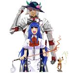  2boys armor bad_id bad_pixiv_id blue_hair buront crossover elf elvaan final_fantasy final_fantasy_xi food fruit gauntlets hat helmet hetero hinanawi_tenshi long_hair m.u.g.e.n multiple_boys peach pointy_ears red_eyes ribbon smile sword sword_of_hisou the_legend_of_gluttony touhou vaan_(ff11) weapon yoruniyoruyoshi 