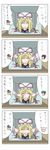  5girls ao_usagi black_hair blonde_hair bow brown_hair chen comic earrings gap hair_bow hair_tubes hakurei_reimu hat hat_bow hat_ribbon highres jewelry kirisame_marisa mob_cap multiple_girls ribbon scratches smile touhou translated witch_hat yakumo_ran yakumo_yukari 