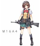  ammunition_pouch assault_rifle boots bow bowtie brown_eyes brown_hair combat_boots gloves goggles goggles_on_head gun kneehighs legs load_bearing_vest looking_at_viewer m16 original pouch rifle school_uniform short_hair simple_background skirt solo standing taiyou_(tori_no_su_studio) thigh_strap vest weapon 