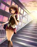  black_legwear brown_hair face highres legs long_hair original outdoors piiko_(aa_doushiyou) plaid plaid_skirt purple_eyes skirt socks solo stairs 