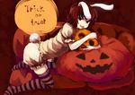  animal_ears bad_id bad_pixiv_id bee_(deadflow) bloomers brown_hair bunny_ears bunny_tail english halloween inaba_tewi jack-o'-lantern pumpkin red_eyes short_hair solo striped striped_legwear tail thighhighs touhou trick_or_treat underwear 