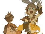  1girl aqua_eyes armpits artist_request bird blonde_hair bow brother_and_sister crow headset kagamine_len kagamine_rin short_hair siblings simple_background twins vocaloid yellow 