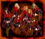  asmodeus beelzebub belphegor black_hair blonde_hair brown_hair drill_hair green_hair highres leotard leviathan_(umineko) long_hair lucifer mammon multiple_girls necktie nori_(mozukuyu) pink_neckwear ponytail red_eyes satan silver_hair stakes_of_purgatory thighhighs twintails umineko_no_naku_koro_ni 