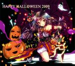  2009 animal_ears arm_garter bloomers braid bridal_gauntlets brown_eyes brown_hair candle ghost halloween happy_halloween hat ichiyou_moka jack-o'-lantern original pumpkin silk solo spider_web star twin_braids underwear 