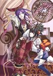  2girls anklet black_hair braid braids da_ji detached_sleeves earrings female fox hat himiko himiko_(musou_orochi) indoors jewelry long_hair multiple_girls musou_orochi musou_orochi_2 pointy_ears purple_eyes purple_hair thigh-highs thighhighs violet_eyes 