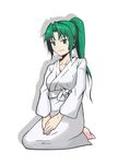  green_eyes green_hair helping-hand higurashi_no_naku_koro_ni japanese_clothes kimono ponytail seiza shiroshouzoku sitting solo sonozaki_mion yukata 