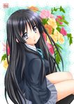  akiyama_mio black_hair flower grey_eyes k-on! kneeling long_hair looking_back pengin_guriko school_uniform solo 