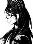  bayonetta bayonetta_(character) earrings glasses hair_bun jewelry long_hair mole monochrome shirotaka_(46) 