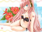  arm_support bikini blue_eyes bug butterfly flower front-tie_top hibiscus insect long_hair looking_at_viewer megurine_luka pengin_guriko pink_hair side-tie_bikini smile solo striped striped_bikini striped_swimsuit swimsuit very_long_hair vocaloid 