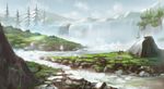  2girls bad_id bad_pixiv_id day feena_(grandia) gadwin_(grandia) grandia green_hair hirokiku justin_(grandia) landscape multiple_boys multiple_girls nature purple_hair river scenery sky sue_(grandia) tent water waterfall 