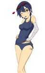  :p ;p bakemonogatari bandaged_arm bandages bandaid bandaid_on_leg blue_hair covered_navel goggles goggles_on_head heart highres kanbaru_suruga monogatari_(series) murata_isshin one-piece_swimsuit one_eye_closed school_swimsuit school_swimsuit_flap short_hair simple_background solo swimsuit tongue tongue_out white_background 