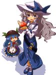  age_regression blue_hair blush_stickers chibi dress food fruit grey_hair hat hinanawi_tenshi holding holding_food holding_fruit kingin long_hair multiple_girls open_mouth peach silver_hair simple_background smile touhou watatsuki_no_toyohime younger 
