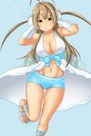  amagi_brilliant_park breasts brown_eyes brown_hair cleavage cosplay finalcake highres large_breasts long_hair midriff sento_isuzu shorts solo standing standing_on_one_leg sylphy_(amaburi) sylphy_(amaburi)_(cosplay) two_side_up 