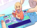  ahoge blonde_hair blush bow fingernails game_console handheld_game_console long_hair looking_at_viewer looking_to_the_side original out_of_frame petting playing playstation_portable poring pov pov_hands recursion solo_focus translated upper_body yosiyosii 