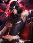  bandage black_hair blood blood_on_face cowboy_shot erection forehead_protector gradient gradient_background jacket_on_shoulders konohagakure_symbol licking_lips male_focus naruto nipple_slip nipples red_eyes sakimichan shuriken single_elbow_glove sitting solo tongue tongue_out torn_clothes uchiha_itachi uncensored 