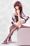  arm_support bare_shoulders blush brown_hair brown_legwear bustier garter_straps high_heels highres kasumigaoka_utaha long_hair long_legs looking_at_viewer pout red_eyes saenai_heroine_no_sodatekata solo thighhighs underwear underwear_only untied very_long_hair white_legwear yumemi_(kiowa) 