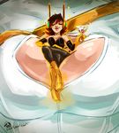  bare_shoulders breasts brown_hair cleavage cleavage_cutout close-up closed_eyes crossed_legs crossover dc_comics elbow_gloves gloves large_breasts marvel minigirl multiple_girls power_girl short_hair sitting smile sparkle toothy_(artist) wasp_(marvel) watermark web_address 