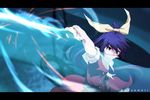  anime_coloring aono_meri artist_name bad_id bad_pixiv_id belt bow fighting_stance hair_bow hair_ribbon highres katana letterboxed long_hair outstretched_arm ponytail purple_hair ribbon solo sword touhou twitter_username watatsuki_no_yorihime weapon 