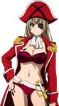  amagi_brilliant_park belt bra breasts brown_eyes brown_hair cleavage extraction hand_on_hip hat highres large_breasts long_hair looking_at_viewer navel one_eye_covered panties pirate red_bra red_hat red_panties sento_isuzu strapless strapless_bra sword transparent_background underwear weapon 