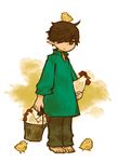  ahoge barefoot bird brown_eyes brown_hair brown_pants chicken full_body green_shirt hair_over_one_eye jitome looking_at_viewer male_focus original oversized_clothes pants pointy_ears rooster satsumai shirt simple_background solo 