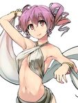  arabian_clothes bracelet breasts curly_hair dancer harem_outfit jewelry looking_at_viewer midriff navel pink_eyes pink_hair small_breasts smile solo stomach twintails upper_body yuugiri 