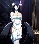  1girl albedo bare_shoulders black_hair breasts cleavage demon demon_girl dress female gloves highres hip_vent horns large_breasts long_hair looking_at_viewer overlord overlord_(maruyama) purple_hair screencap solo stitched succubus wings yellow_eyes 