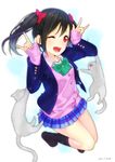  :d \m/ ama_mitsuki black_hair blazer blush bow cardigan cat dated double_\m/ hair_bow jacket looking_at_viewer love_live! love_live!_school_idol_project nico_nico_nii one_eye_closed open_mouth otonokizaka_school_uniform red_eyes school_uniform short_hair skirt sleeves_past_wrists smile solo sweater twintails yazawa_nico 