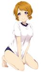  barefoot blush breasts brown_hair full_body gym_uniform highres koizumi_hanayo looking_at_viewer love_live! love_live!_school_idol_project medium_breasts purple_eyes sekina shirt_pull short_hair simple_background smile solo v_arms white_background 