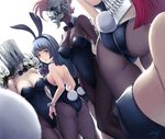  ass bare_shoulders black_legwear blue_hair breasts bunny_tail bunnysuit covered_nipples dark_skin detached_collar green_hair large_breasts looking_back mask medium_breasts multiple_girls original pantyhose pink_hair red_hair signature stealthmaria tail wrist_cuffs 